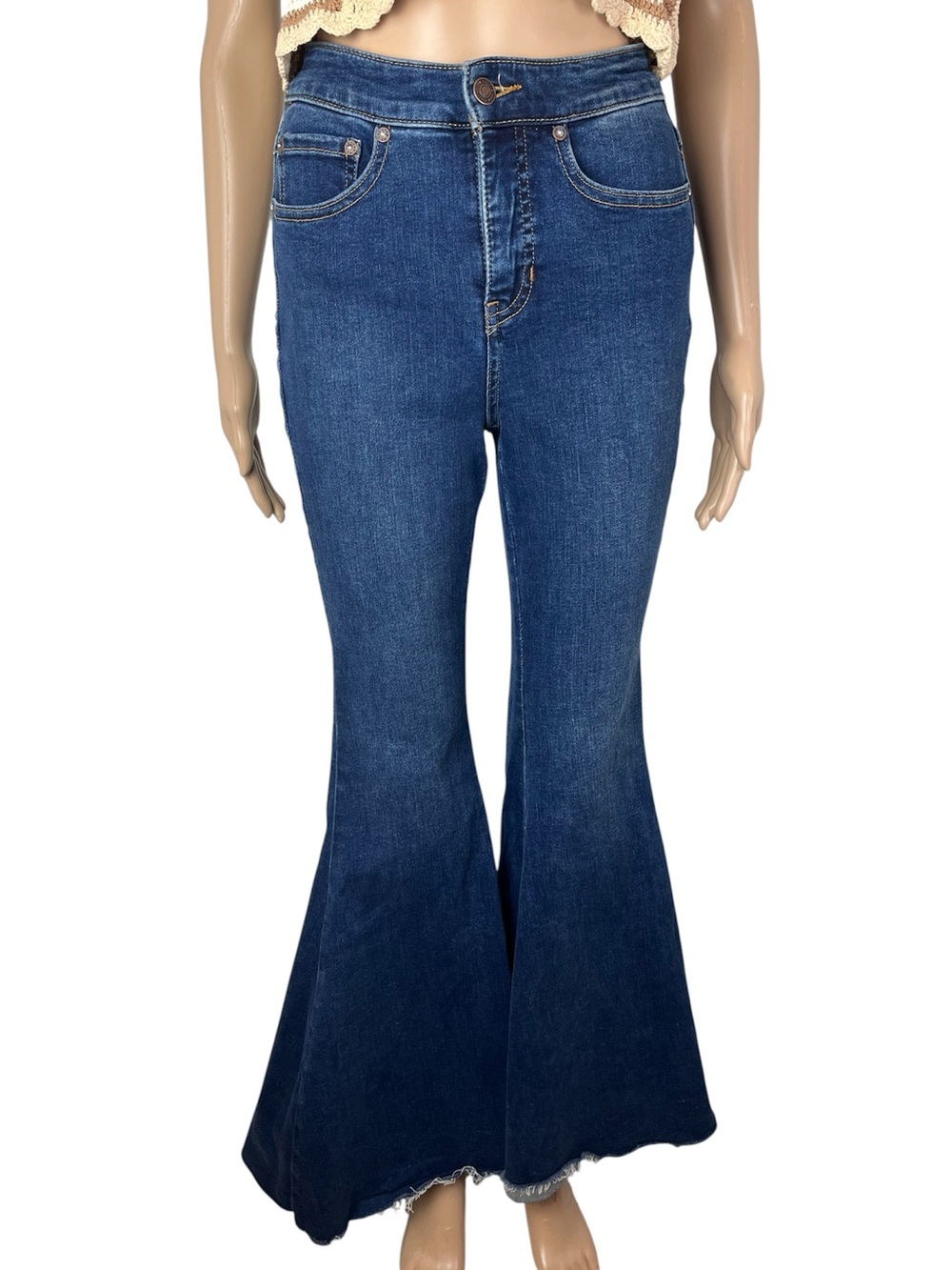 Free People CRVY Lace Up Dark Wash Retro Style Raw Hems High Rise Flare Jeans